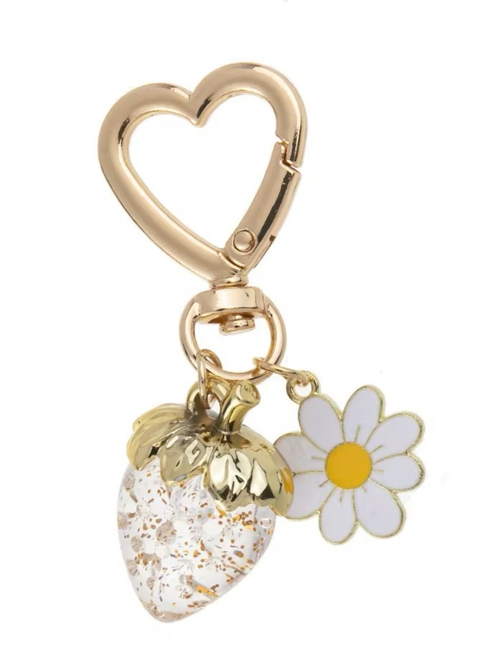 Gold Heart Keychain with Glitter Strawberry & Daisy Charm - White/Yellow